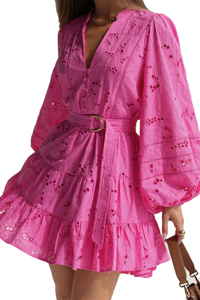KIVARI : CORFU LONG SLEEVE MINI COTTON EYELET DRESS WITH BELT