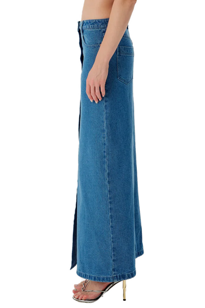RONNY KOBO MAKENA DENIM JEAN MAXI SKIRT WITH CENTER BUTTON CLOSURE AND FRONT SLIT