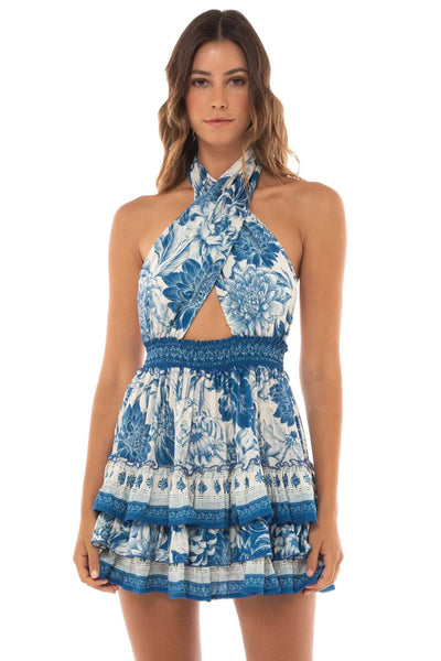 MAONA HALTER TIE MINI DRESS WITH SMOCKED WAIST AND RUFFLE DETAILS