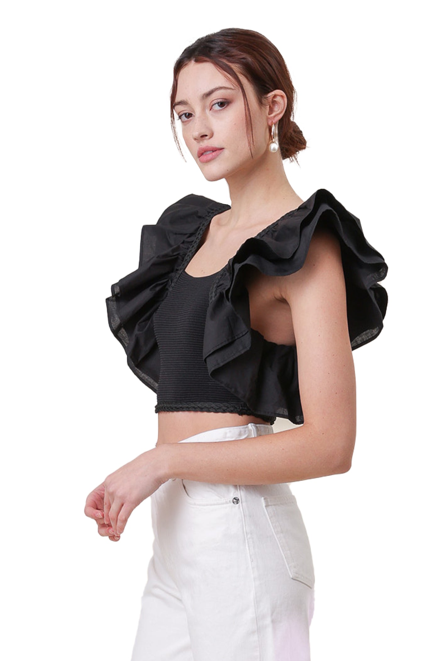 line & dot: MARA CROP TOP WITH BRAIDED TRIM AND STATEMENT SLEEVE