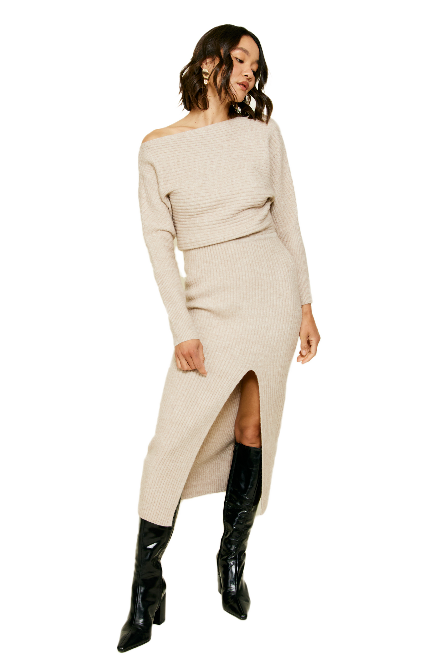line & dot: Alta Off the Shoulder Sweater Midi Dress with Slit line & dot: Alta Off the Shoulder Sweater Midi Dress with Slit