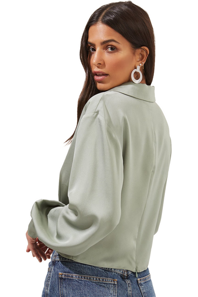 astr the label: marinetta satin surplice long sleeve top with buttoned cuffs