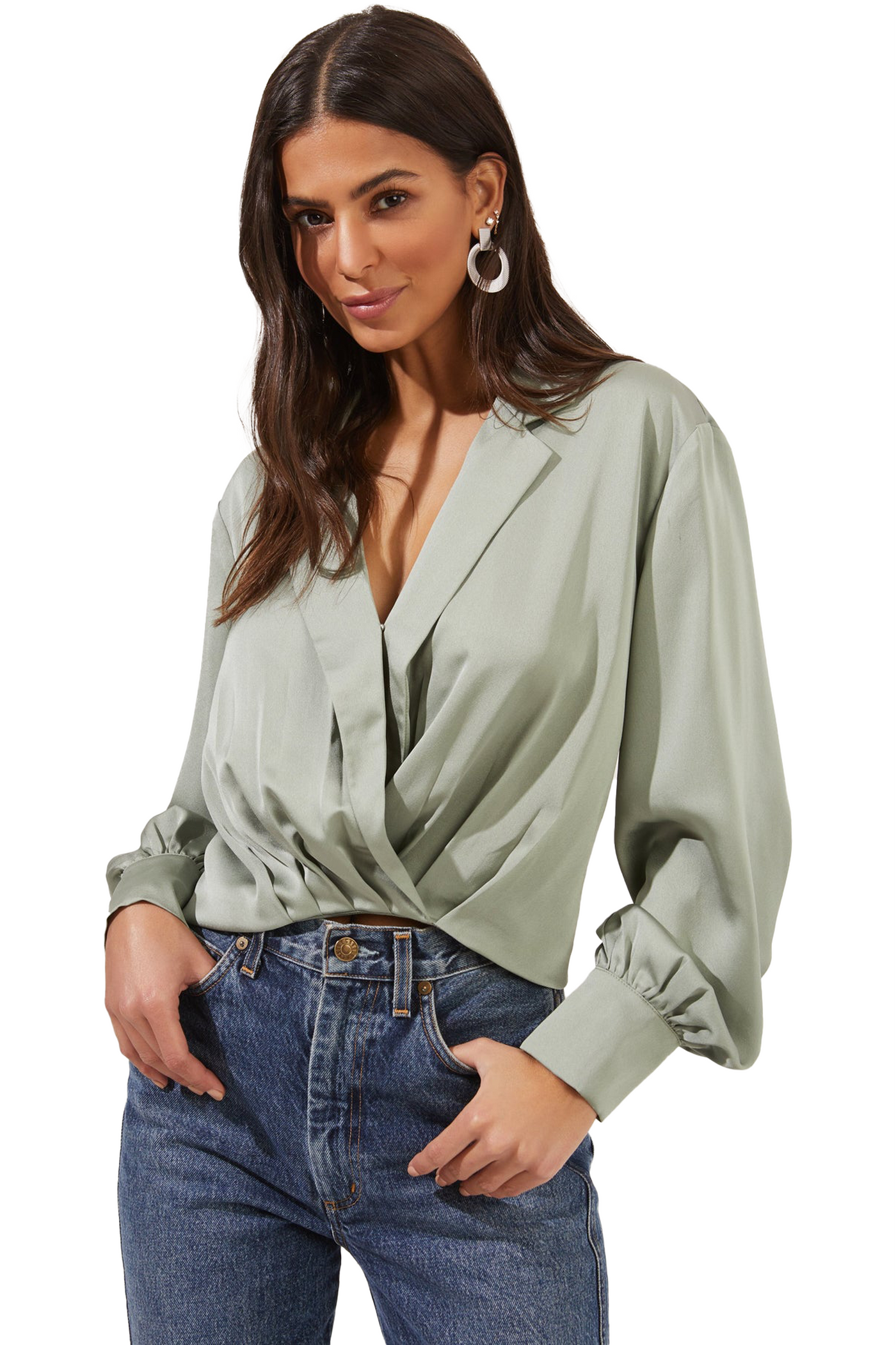 astr the label: marinetta satin surplice long sleeve top with buttoned cuffs
