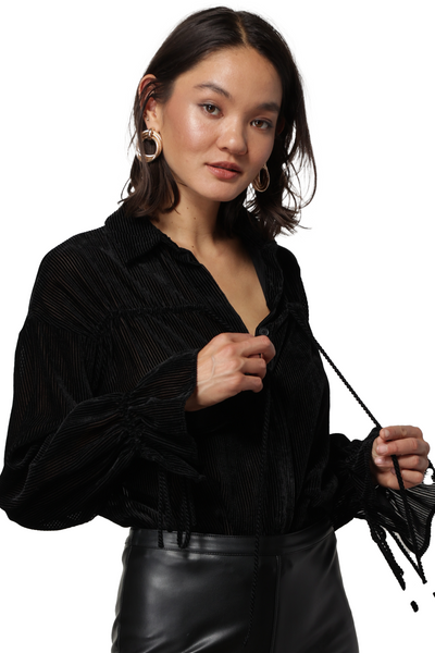 line and dot: michelle velvet stripe blouse with sleeve tie detail