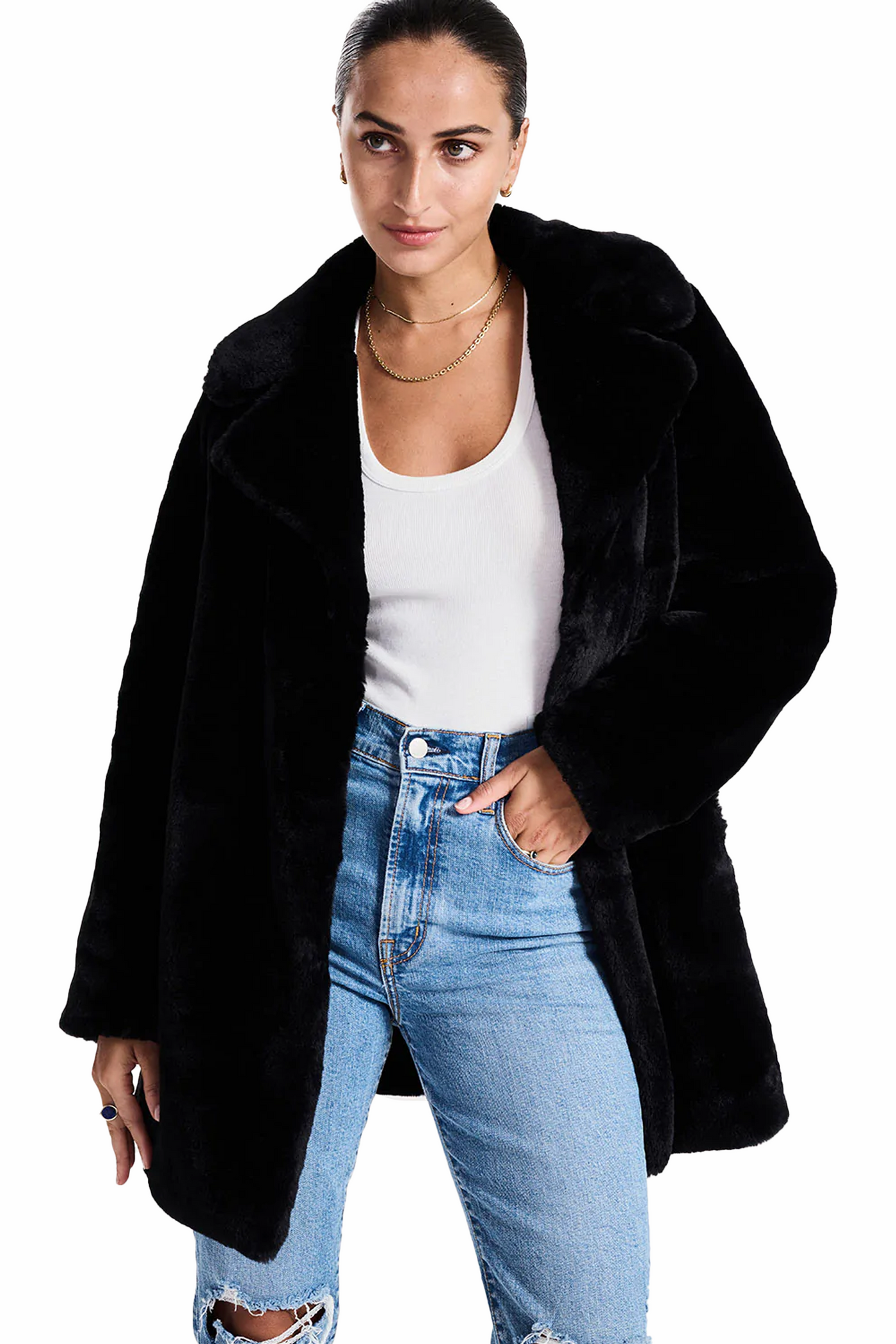 ena pelly: minimalist faux fur shawl collar jacket