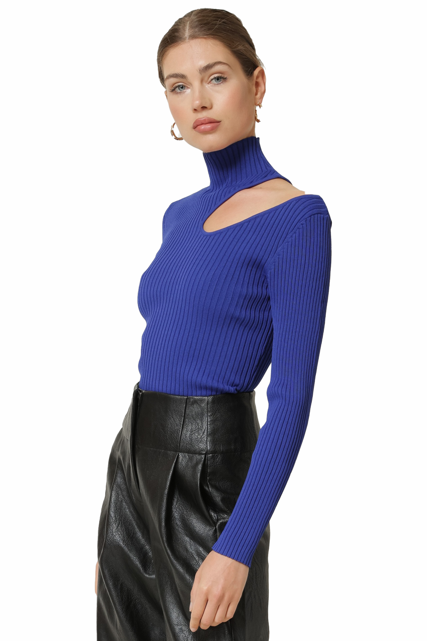 line and dot: nico mock neck long sleeve ribbed sweater with cutout detail
