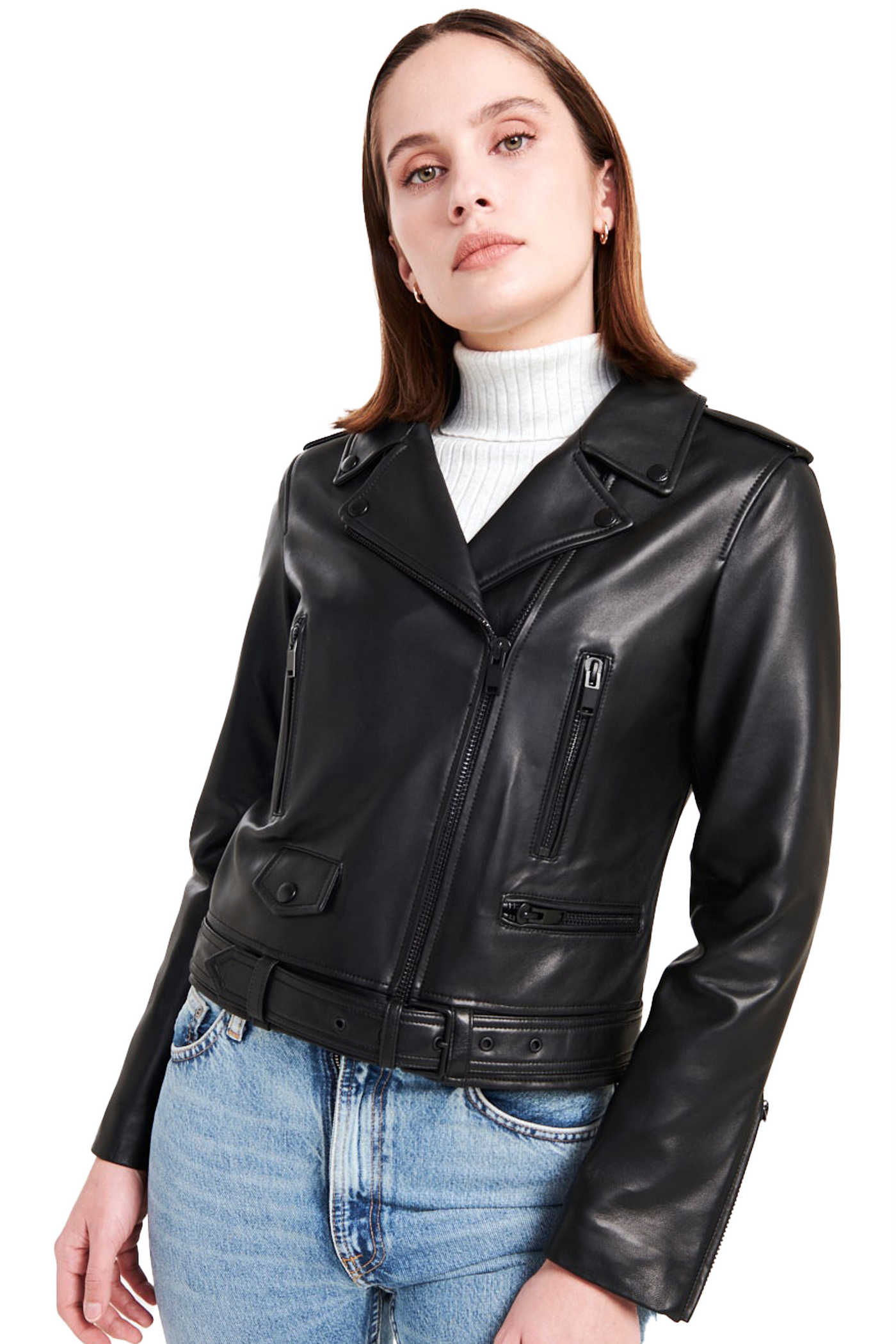 ena pelly: new yorker lambskin leather biker jacket with matte black hardware