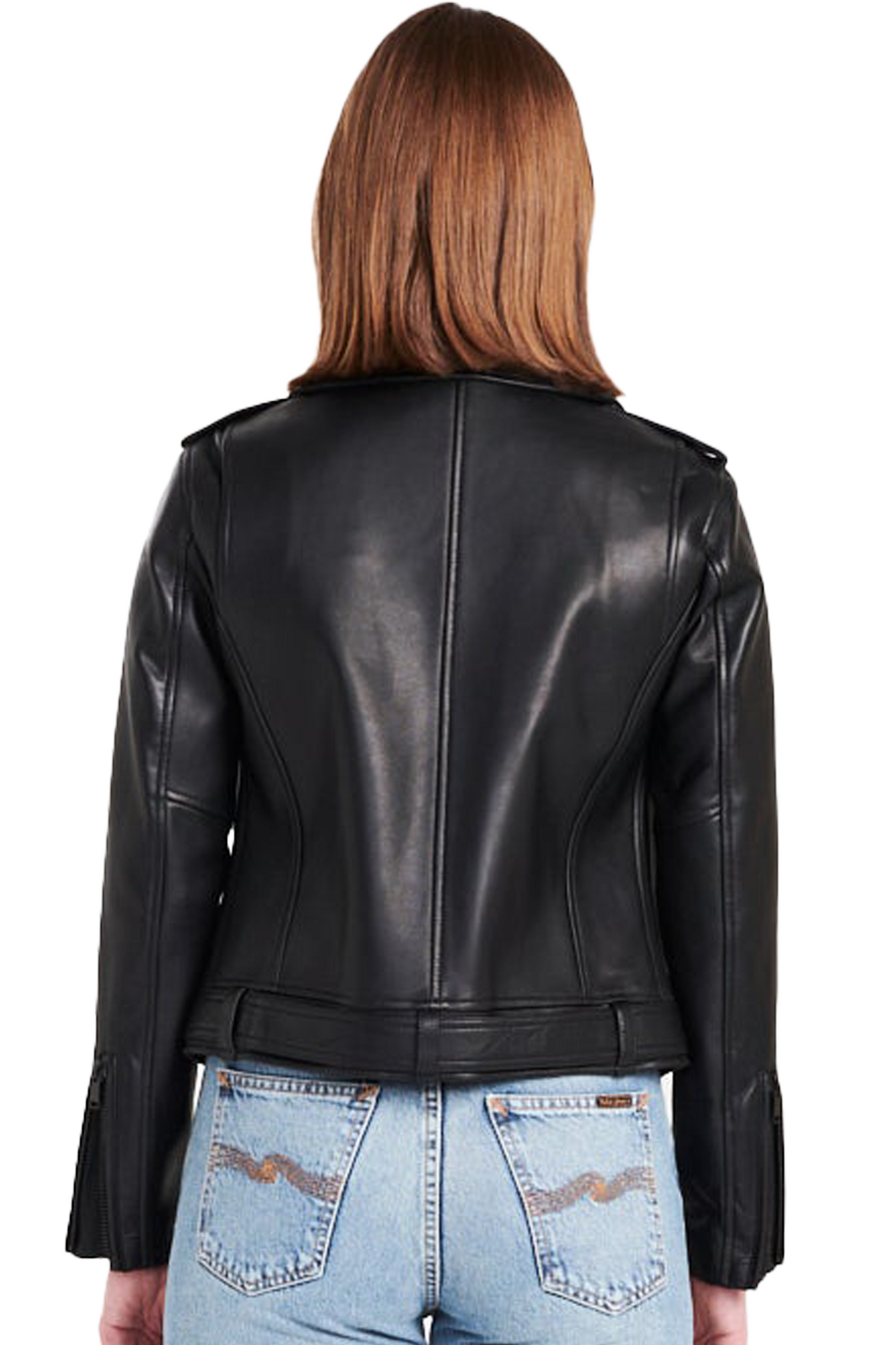 ena pelly: new yorker lambskin leather biker jacket with matte black hardware